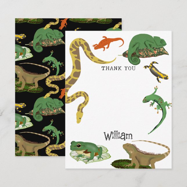 Reptile, Lizards & Amphibians Kids Name Thank You Card (Front/Back)