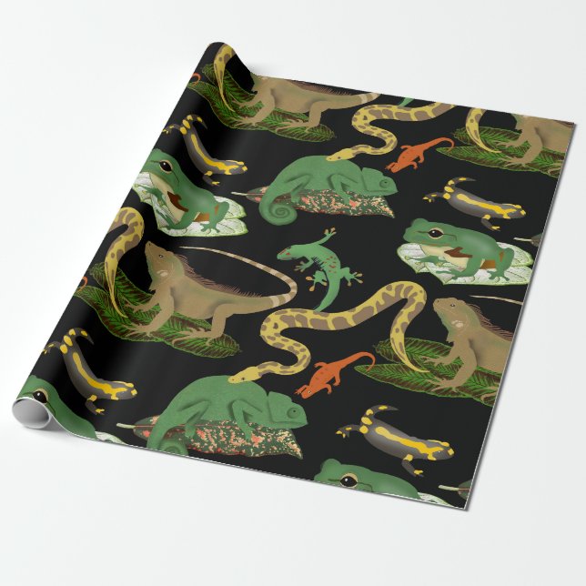 Reptile, Lizards & Amphibians Pattern Wrapping Paper (Unrolled)