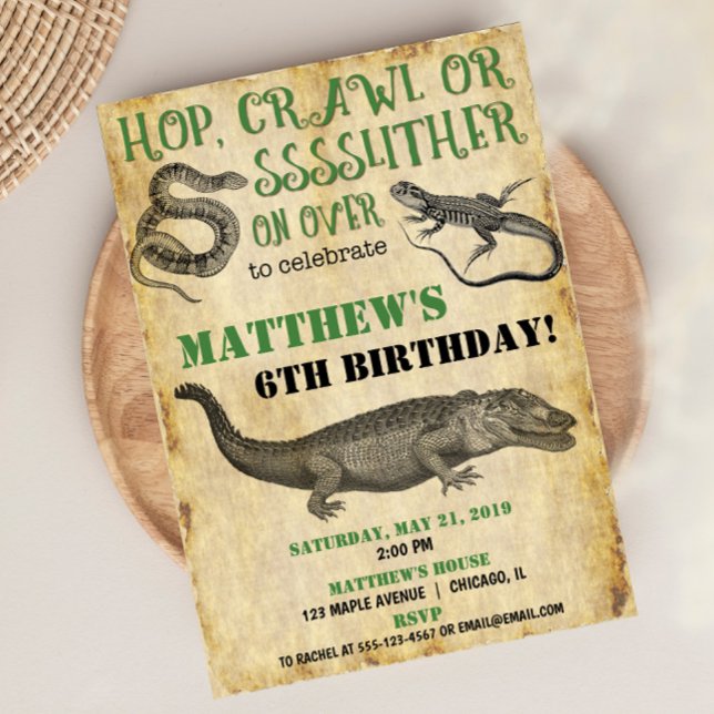 Reptile party birthday, snake lizard alligator invitation (Creator Uploaded)