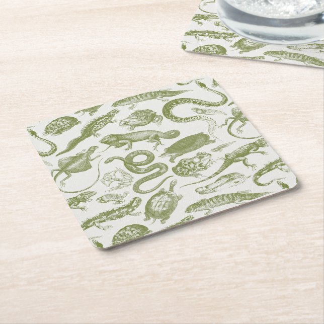 Reptiles and Amphibians Animals Goblincore Pattern Square Paper Coaster (Angled)