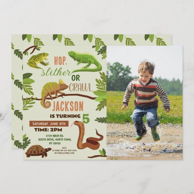 Reptiles Snake Birthday Party Photo Frogs Iguana Invitation (Front/Back)