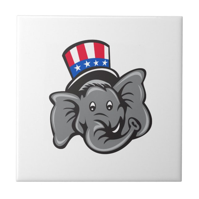 Republican Elephant Mascot Head Top Hat Cartoon Tile (Front)