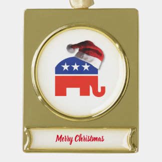 Republican Elephant wearing a Santa Claus hat Gold Plated Banner Ornament