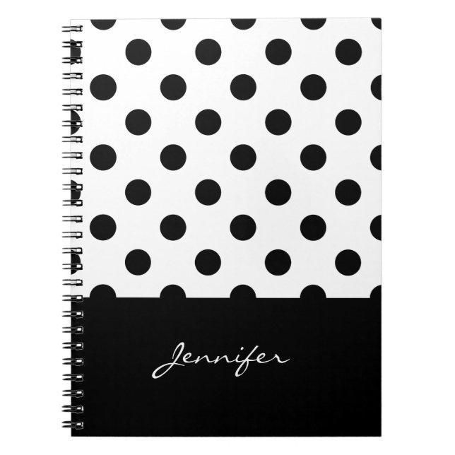 Rero Black and White Polka Dots Pattern with Name Notebook (Front)