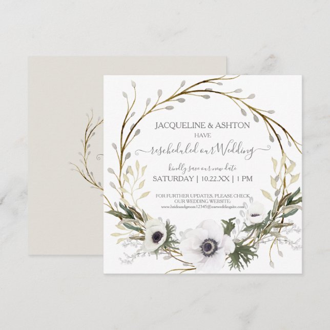 Rescheduled Wedding Anemone White Grey Eucalyptus Invitation (Front/Back)