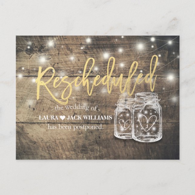 Rescheduled Wedding Postponement Mason Jars Wood Announcement Postcard (Front)