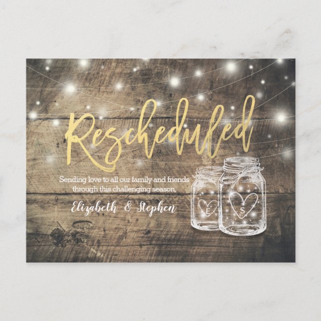 Rescheduled Wedding Postponement Mason Jars Wood Announcement Postcard (Front)