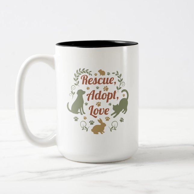 Rescue, Adopt, Love Two-Tone Coffee Mug (Left)