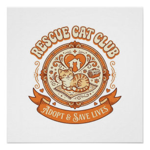 Rescue Cat Club Cat Rescue Adoption Vintage Vector Poster
