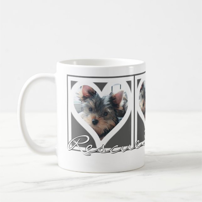 RESCUE DOG MOM Three Photo Heart Frame Grey Coffee Mug (Left)