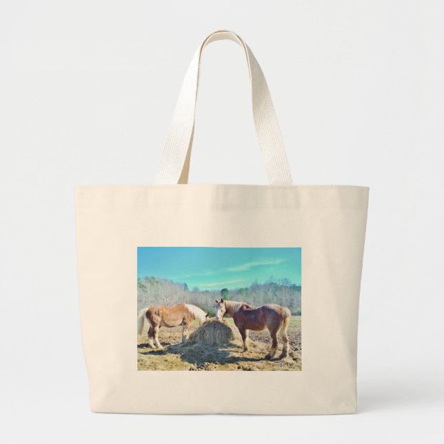 Rescued Draft Horses eating hay Large Tote Bag (Front)