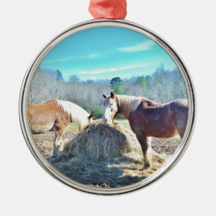 Rescued Draft Horses eating hay Metal Tree Decoration