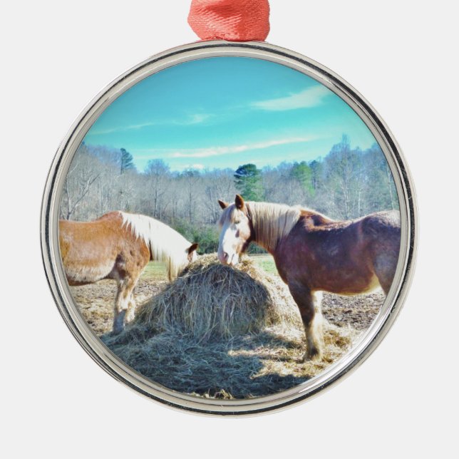 Rescued Draft Horses eating hay Metal Tree Decoration (Front)