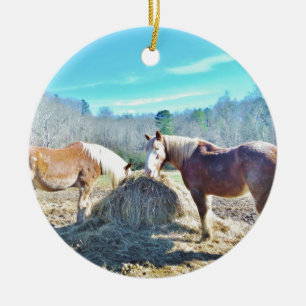Rescued Draught Horses eating hay Ceramic Tree Decoration