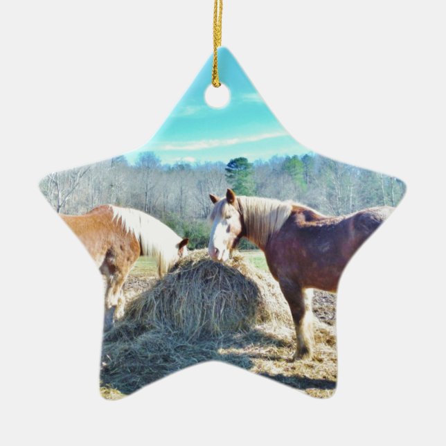 Rescued Draught Horses eating hay Ceramic Tree Decoration (Front)