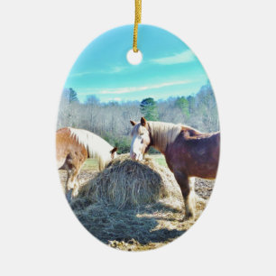 Rescued Draught Horses eating hay Ceramic Tree Decoration