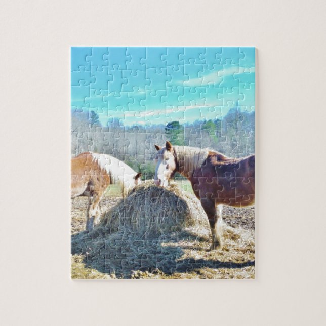 Rescued Draught Horses eating hay Jigsaw Puzzle (Vertical)
