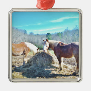 Rescued Draught Horses eating hay Metal Tree Decoration