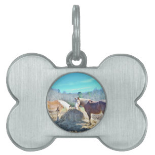 Rescued Draught Horses eating hay Pet Name Tag