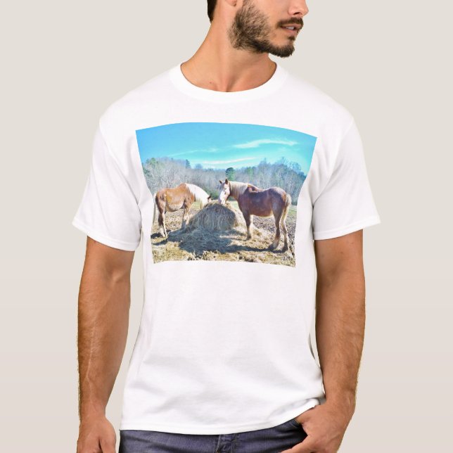 Rescued Draught Horses eating hay T-Shirt (Front)