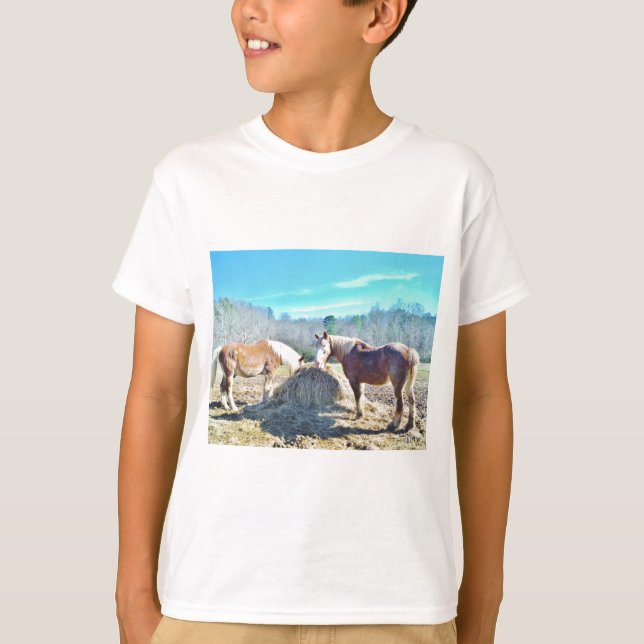 Rescued Draught Horses eating hay T-Shirt (Front)