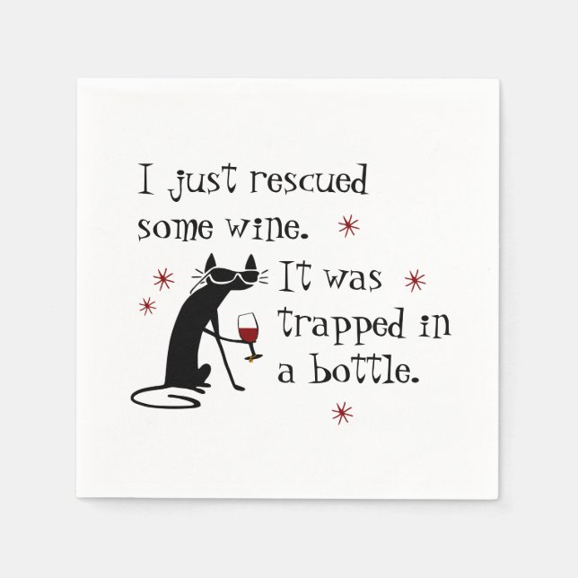 Rescued Some Wine Funny Quote with Black Cat Napkin (Front)