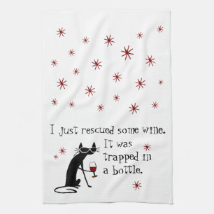 Rescued Some Wine Funny Quote with Black Cat Tea Towel