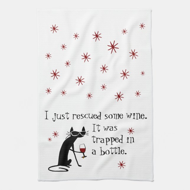 Rescued Some Wine Funny Quote with Black Cat Tea Towel (Vertical)