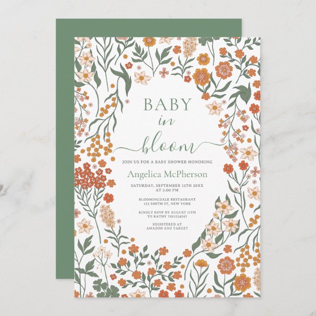 Reseda Green Wild Flowers Frame Baby in Bloom Invitation (Front/Back)