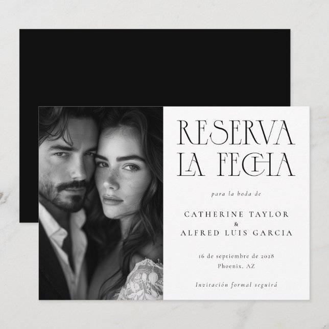 Reserva La Fecha Black White Spanish Photo Wedding Save The Date (Front/Back)