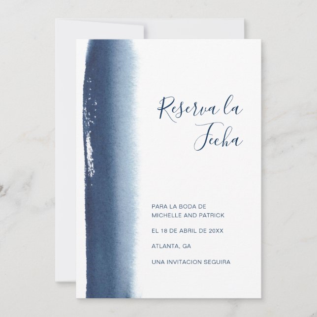 Reserva La Fecha Navy Blue Brushstroke Spanish Save The Date (Front)