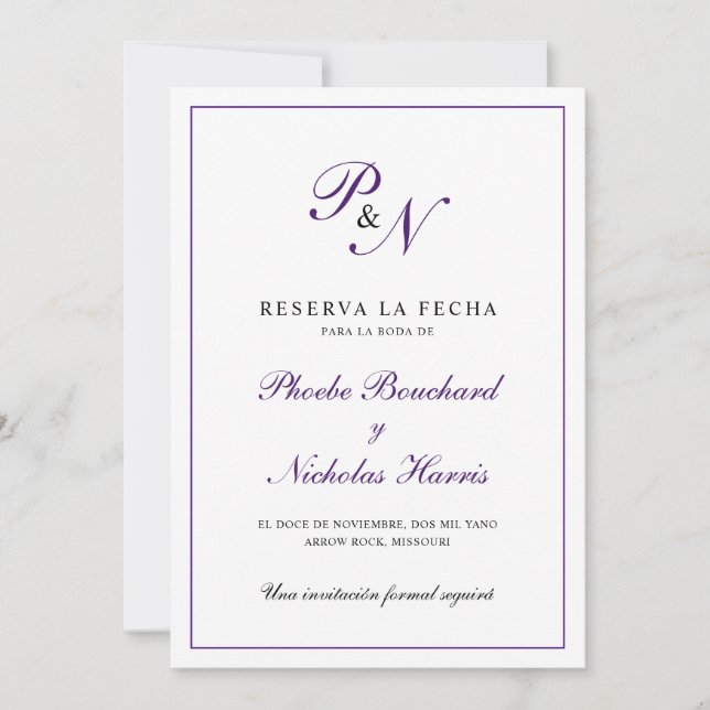 Reserva la Fecha Purple Monogram Formal Spanish Save The Date (Front)