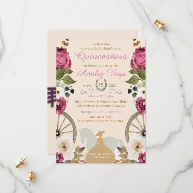 Reservation Quinceanera Pink Charra, Purple Save The Date (Front/Back In Situ)
