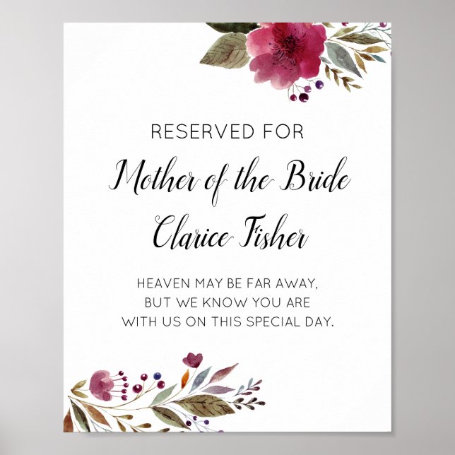 Reserved For Mother of the Bride Burgundy Wedding Poster (Front)