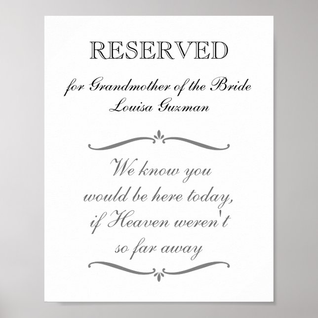 Reserved Grandmother of Bride Memorial Wedding Poster (Front)