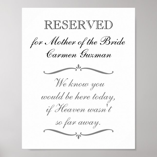 Reserved Mother of the Bride Memorial Wedding Sign (Front)