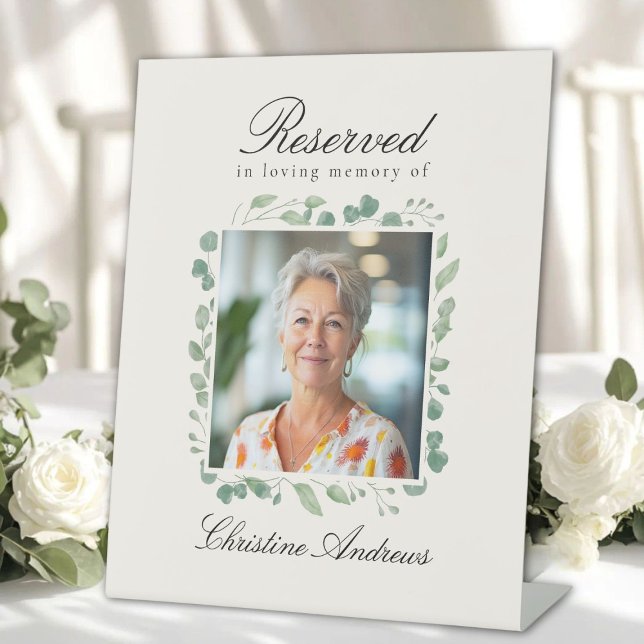 Reserved Seat - Photo Eucalyptus Memorial Wedding  Pedestal Sign (Custom - Reserved Seat - Photo Eucalyptus Memorial Wedding Beige Pedestal Sign )