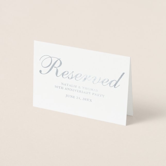 Reserved Silver Foil Anniversary Party Table Card (Front)