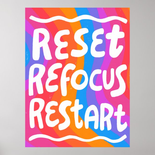 RESET REFOCUS RESTART Colourful Fun Bubble Letters Poster (Front)