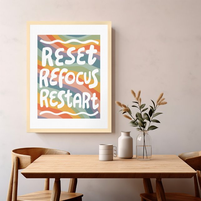 RESET REFOCUS RESTART Colourful Fun Bubble Letters Poster (RESET REFOCUS RESTART Colorful Fun Bubble Letters Poster Wall Art Motivational Rainbow Handlettering)