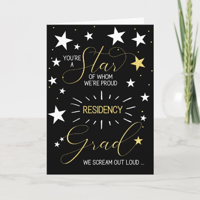 Residency Graduate Black Gold and White Stars Text Card (Front)