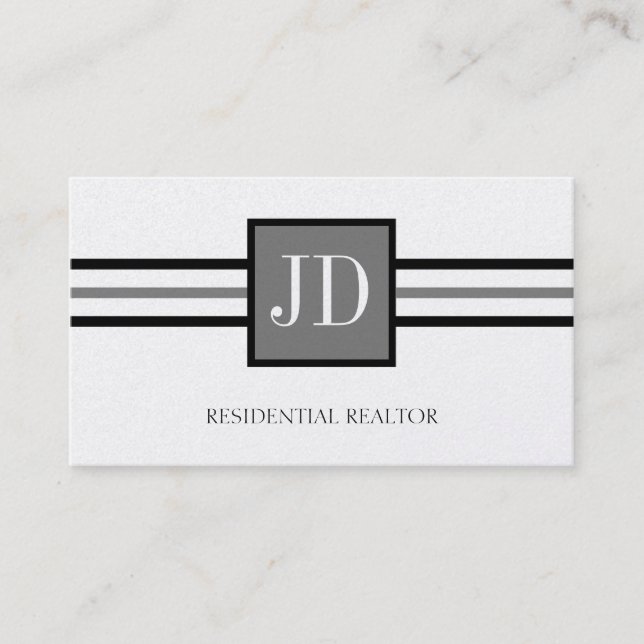 Residential Realtor Broker Monogram Platinum Paper Business Card (Front)