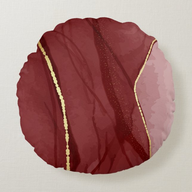 Resin art, dark red marsala abstract background. E Round Cushion (Front)