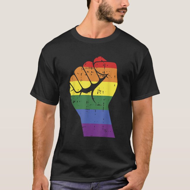 Resist Fist Retro Rainbow Hand Gay LGBT Pride Supp T-Shirt (Front)