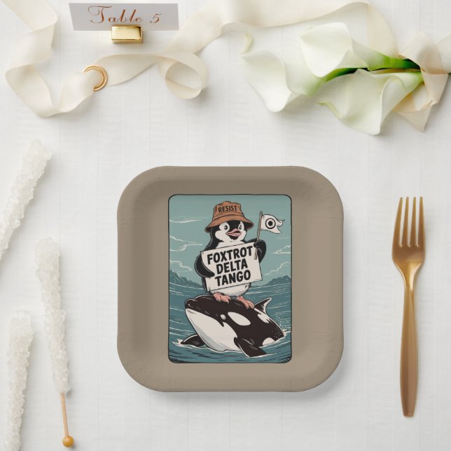 Resist Penguin Activism Vintage Protest  Paper Plate (Wedding)