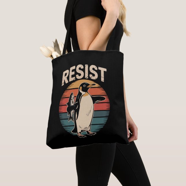 Resist Penguins Activism Protest Tariffs Retro Tote Bag (Close Up)