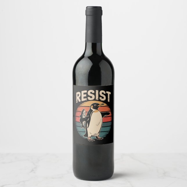 Resist Penguins Activism Protest Tariffs Retro Wine Label (Front)