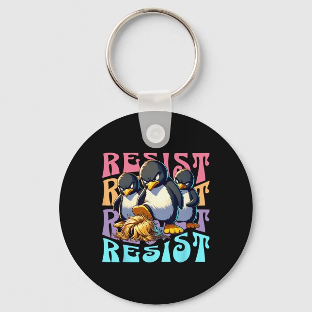 Resist Protest Retro Penguins Against Tariffs Men  Key Ring (Front)