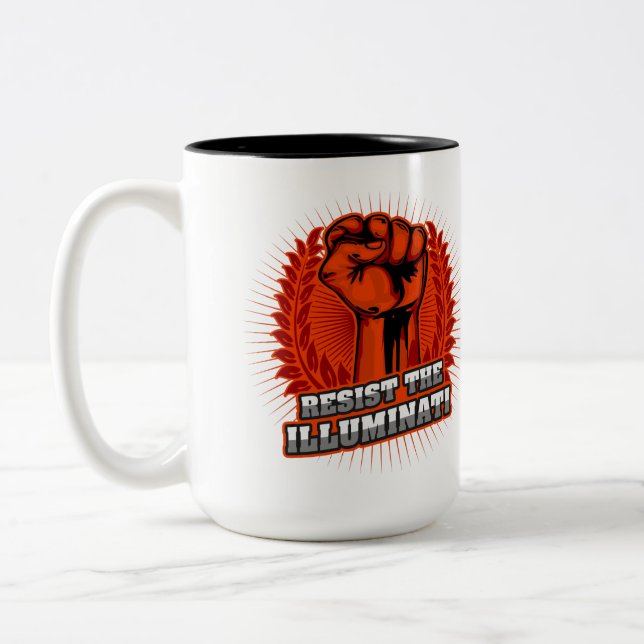 Resist The Illuminati Orange Raised Fist Two-Tone Coffee Mug (Left)