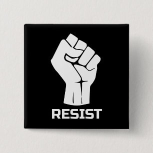 Resist with fist - in white 15 cm square badge